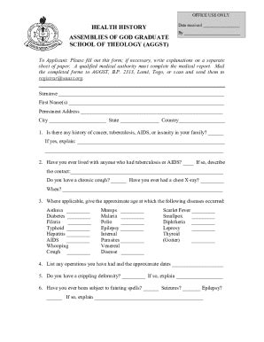 Fillable Online Health History Form for Assemblies of God Graduate ...