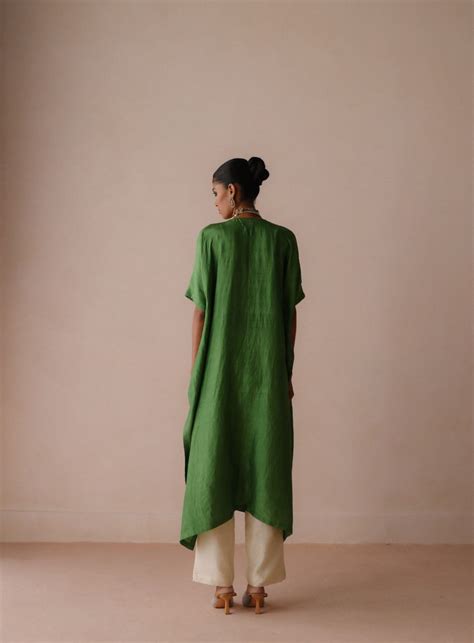 Buy - Ambi green silk kaftan set | Elan Store