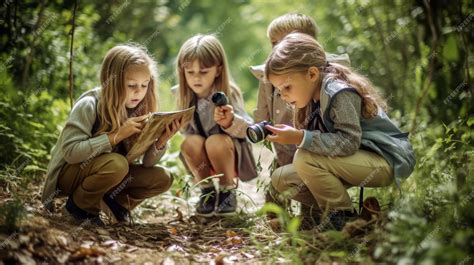 Premium AI Image | A group of children exploring a nature trail with ...