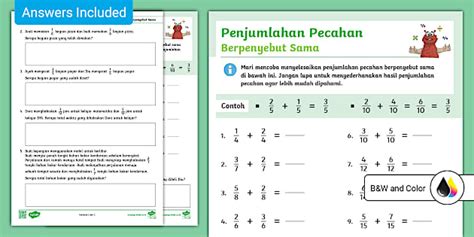 Lembar Kerja Penjumlahan Pecahan Berpenyebut Sama - Twinkl