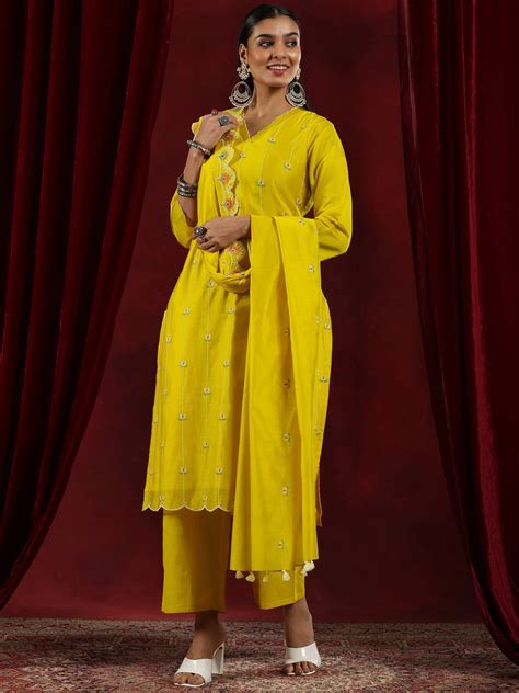 Buy Libas Art Mustard Embroidered Chanderi Silk Straight Suit With ...