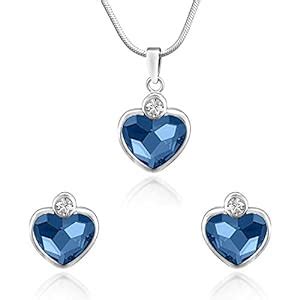 Buy Mahi with Swarovski Crystals Blue Heart Rhodium Plated Pendant Set ...