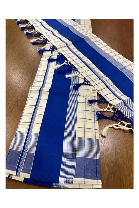Pure Cotton Kerala Single Set Mundu (Mundum Neriyathum) with Blue Chec ...