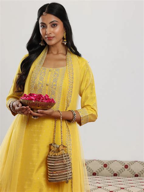 Buy Yellow Woven Design Chanderi Silk A-Line Kurta With Trousers ...