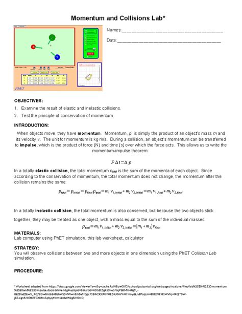 **PHET Lab Worksheet: Momentum & Collisions Analysis** - Studocu