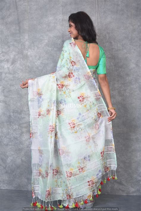White Floral Printed linen saree Silver Zari Border Handwoven Saree ...
