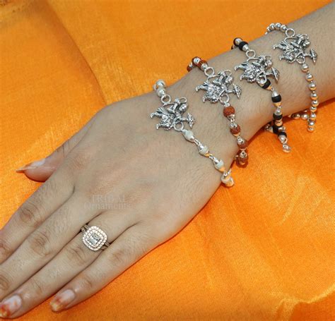 Flying hanuman 925 sterling silver bracelet Rudraksha, Tulsi beaded br ...
