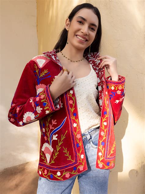 Red Hand Embroidered Velvet Jacket