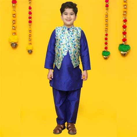 Peacock Blue Kurta with Printed Nehru Jacket – folkcultureclothing
