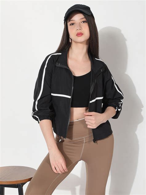 SHOWOFFFF Women's Black Mock Collar Zipper Jacket