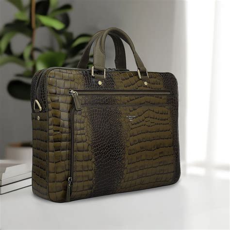 Croco Leather Laptop Bag - Military Green – Da Milano