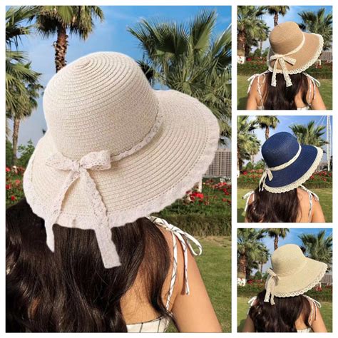 NEW Summer Ladies Sunshade Straw Hat Lace Bow Outdoor Sun Hat ...
