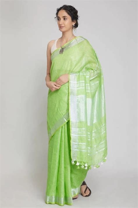 Handwoven Green Pure Linen Saree | Linen World