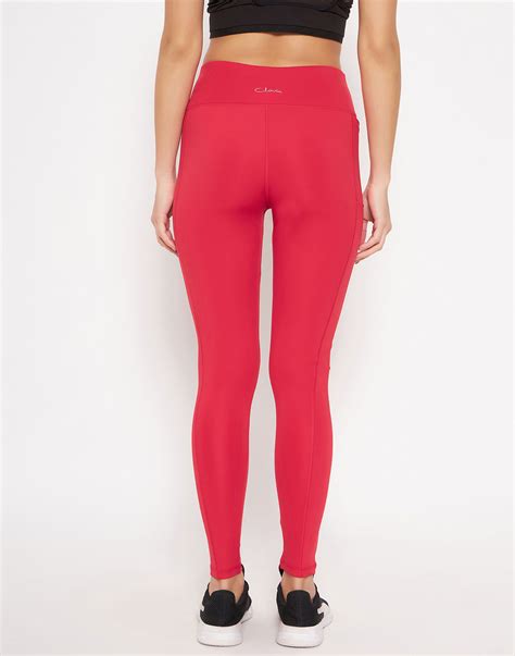 Buy Clovia High Rise Active Tights in Red with Side Pocket Online