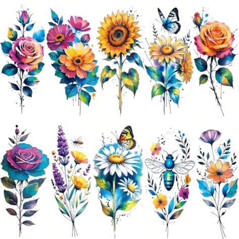 12 Sheets 3D Large Watercolor Flower Temporary Tattoos For Women Girls ...