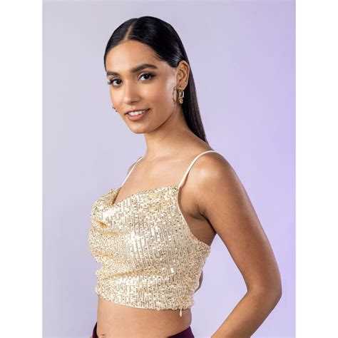Buy Twenty Dresses by Nykaa Fashion Gold Sequin Cowl Neck Crop Top Online
