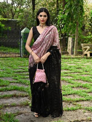 Buy Odette Black Georgette Sequins Saree with Unstitched Blouse Online