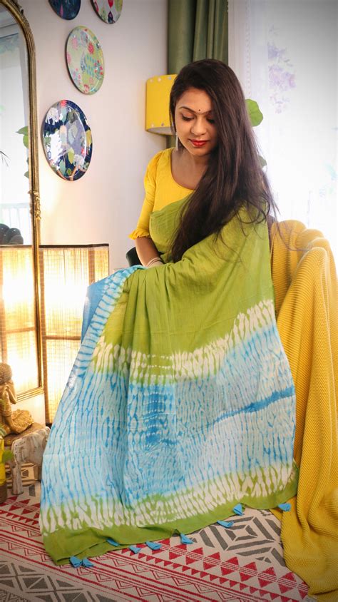 Firozi- Green Tie & Dye Shibori Print Natural Dyed - Mulmul Cotton Sar ...