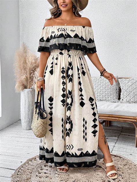 Breezaya Women Plus Size Off Shoulder Ruffle Waist Flare Hem Dress ...