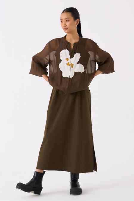 Buy Green Organza Applique Floret Mandarin Collar Bomber Jacket For ...