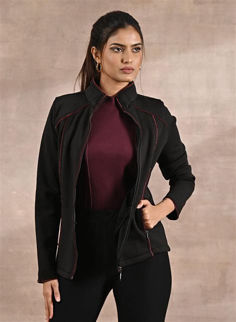 Black Fleece Jacket with Decorative Stitch on Front-22WLFJ0407-6 – Lakshita