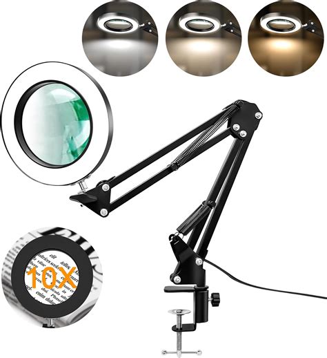 Hviww 10X Magnifying Glass with Light and Clamp, Real Glass LED Lighted ...