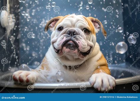 A Happy Dog Takes a Bath with Foam and Soap Bubbles in Pet Grooming ...