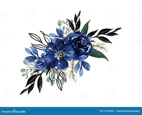 Watercolor Elegant Vintage Navy Indigo Blue Flower Bouquet and Leaves ...
