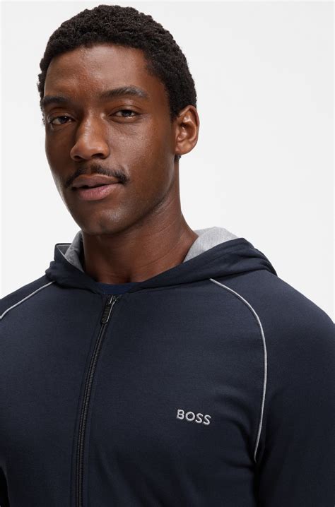 BOSS - Stretch-cotton zip-up hoodie with embroidered logo - Dark Blue
