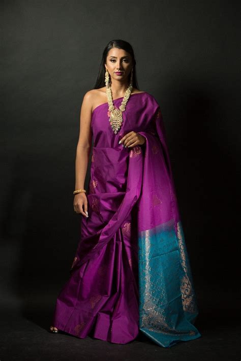 Purple and Azure Blue Pure Kanjivaram Silk Saree