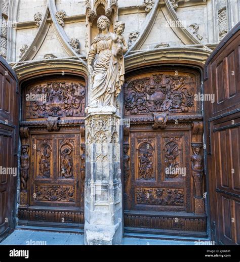 Carved entrance portal of St. Peter's Basilica (Basilique Saint-Pierre ...