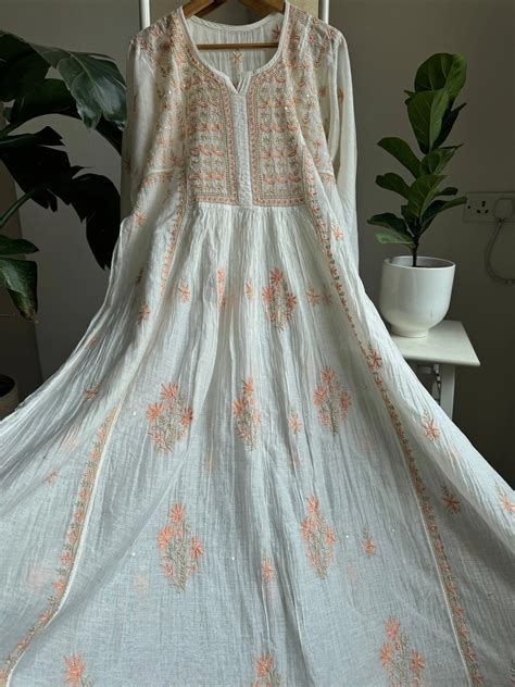 Mul Chanderi Chikankari Anarkali - White - ARIAA CHIKANKARI