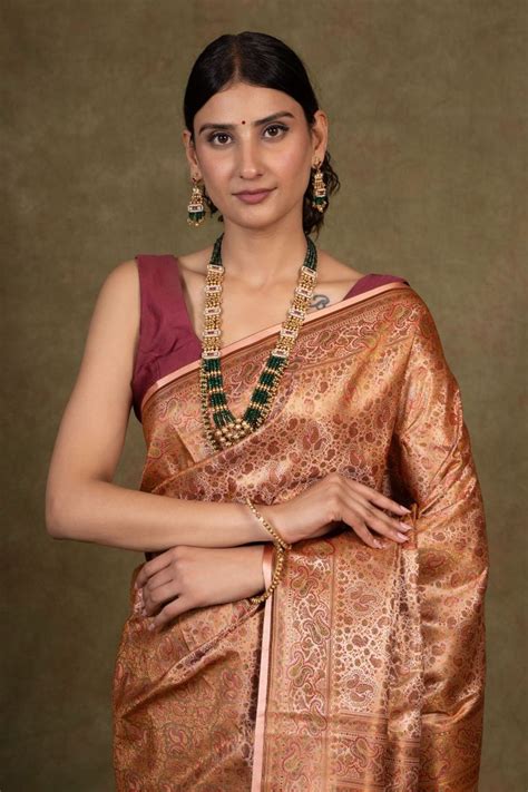 Buy Amber Paisley Jamewar Tanchoi Banarasi Silk Saree - House Of ...