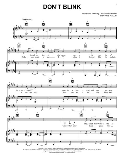 Don't Blink by Kenny Chesney Sheet Music for Piano, Vocal & Guitar ...