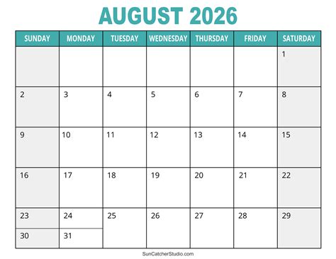 August 2026 Calendar (Free Printable) – Free Printables, Lettering, SVG Files, Tools & Apps