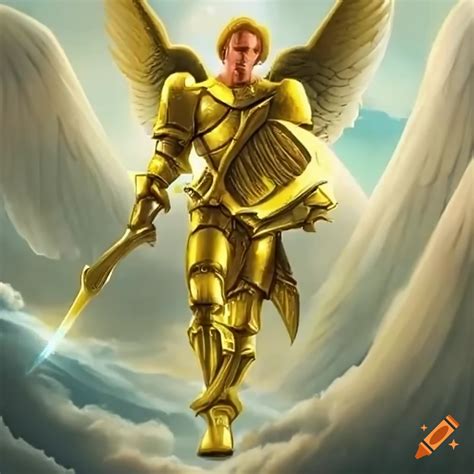 Archangel Michael in golden armor with sword and shield on Craiyon