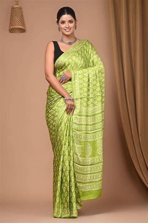 LIME GREEN COLOUR MODAL SATIN BLOCK PRINT SAREE – Kothari Sons