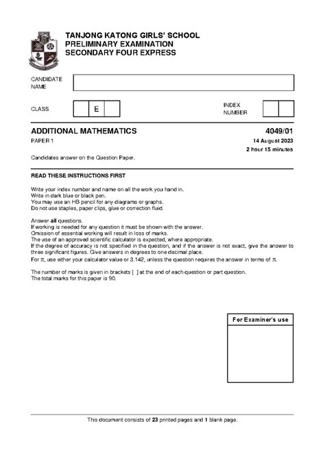 Tanjong katong girls school 2023 A math paper 1 (w answers) - TANJONG ...