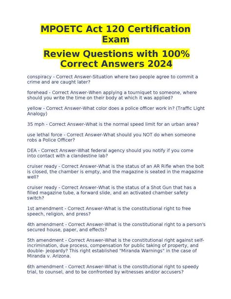 MPOETC Act 120 Certification Exam Review Questions with 100% Correct ...