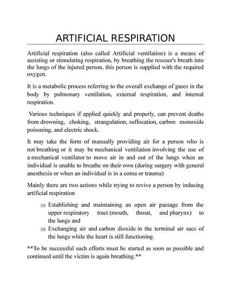 Artificial Respiration - ARTIFICIAL RESPIRATION Artificial respiration ...