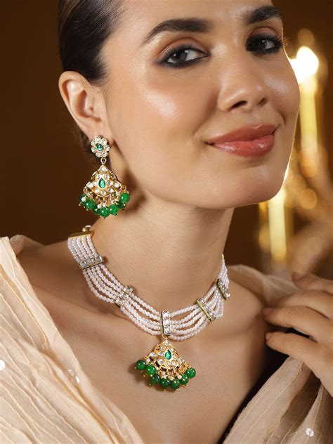 Rubans 22K Gold-Plated White Pearl Multi-Strand Necklace Set with Kund