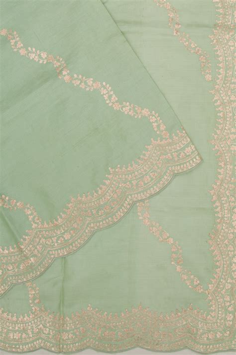 Tussar Embroidery Pastel Green Saree With Scallop Border