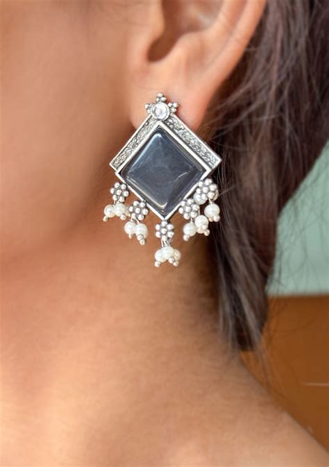 Navy Square Studs Earrings