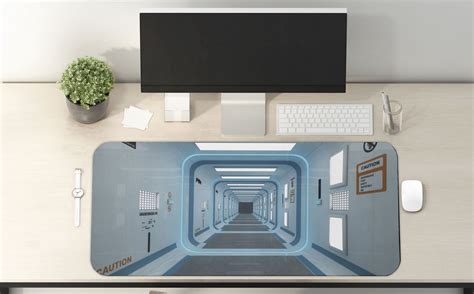 Buy Outer Space Computer Mouse Pad, Galactic Hallway with Caution Signs ...