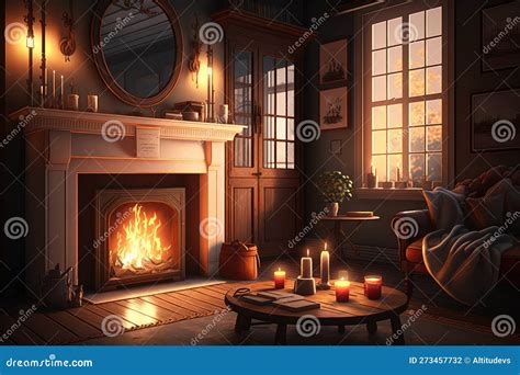 Cozy Living Room with Fire Burning in the Fireplace and Warm Light of ...