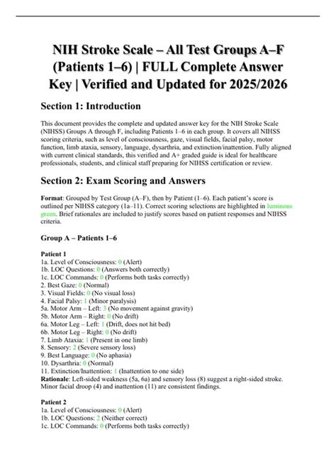NIH Stroke Scale - All Test Groups A-F (Patients 1-6) | Complete Answer ...