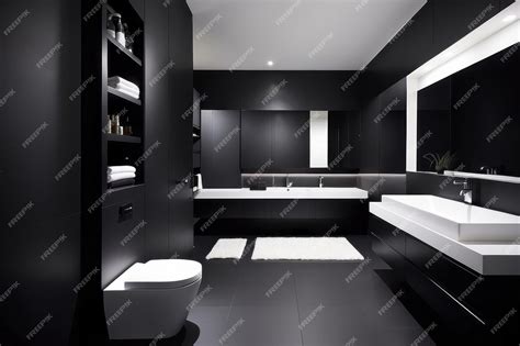 Modern All Black Bathroom Design With White Bathroom Cabinet | Premium ...