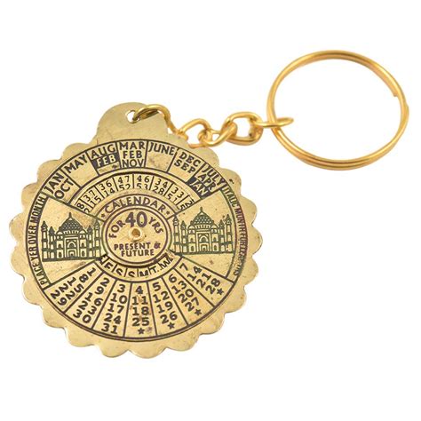 Brass Scalloped Edge Metal Perpetual Calendar Keychain With Taj Mahal