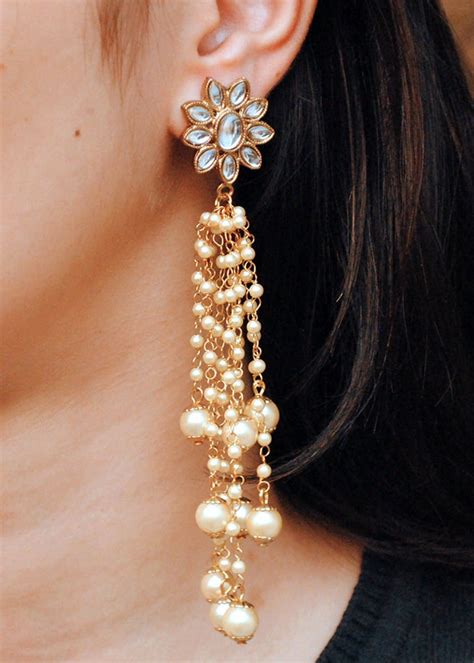 Get Tassel Pearl Embellished Kundan Drop Earrings at ₹ 649 | LBB Shop