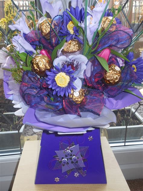 silk purple flower bouquet with ferrero roche chocolates | Purple ...